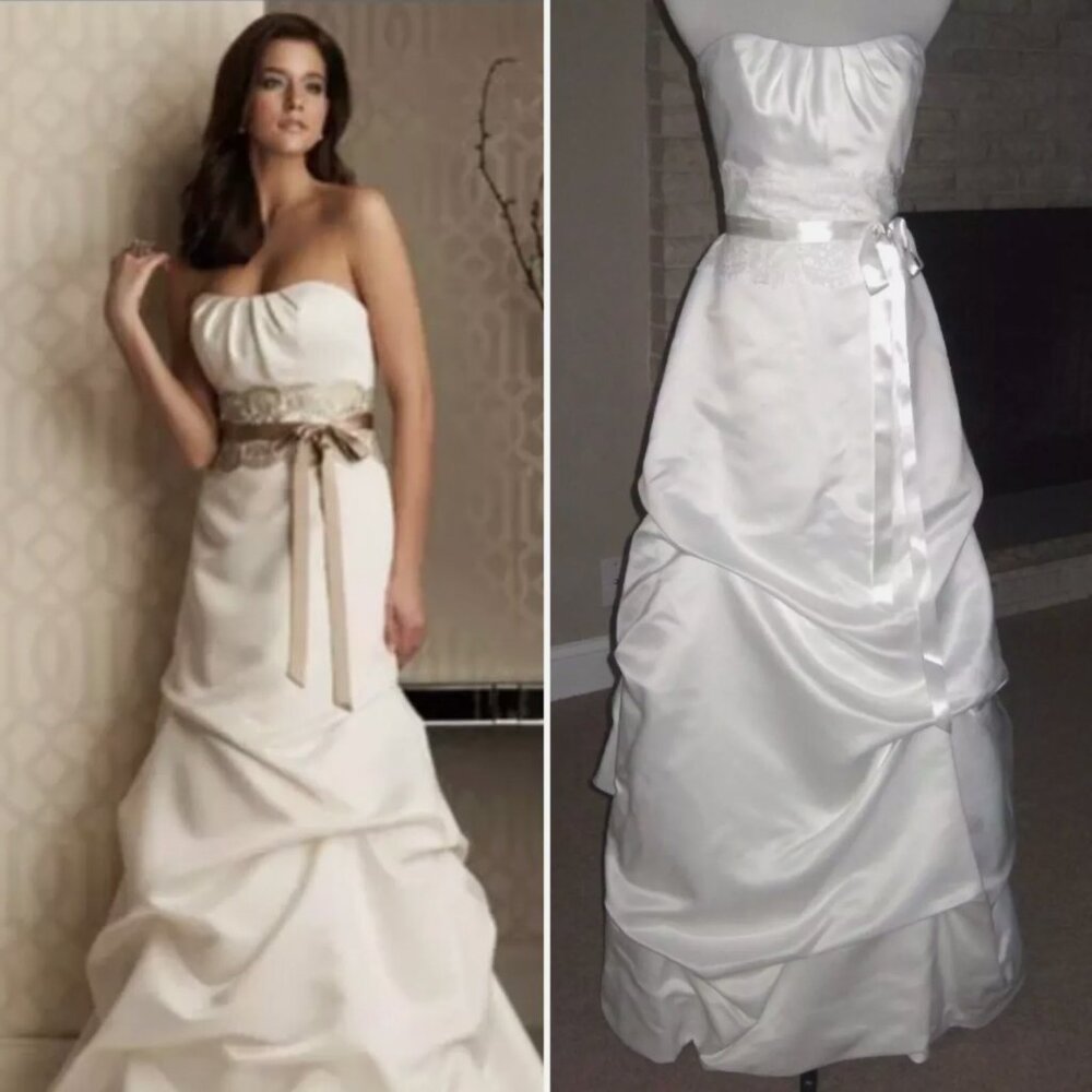 NEW Mikaella Designer Wedding Dress Strapless Bubble Hem White Satin Lace Sz 8/4